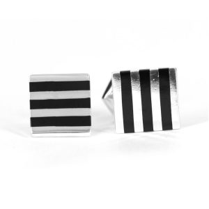 Square silver cufflink with onyx stripe design and solid fastener