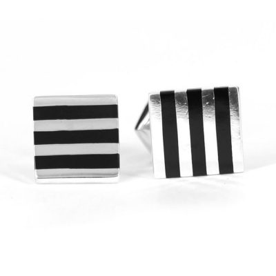 Square silver cufflink with onyx stripe design and solid fastener