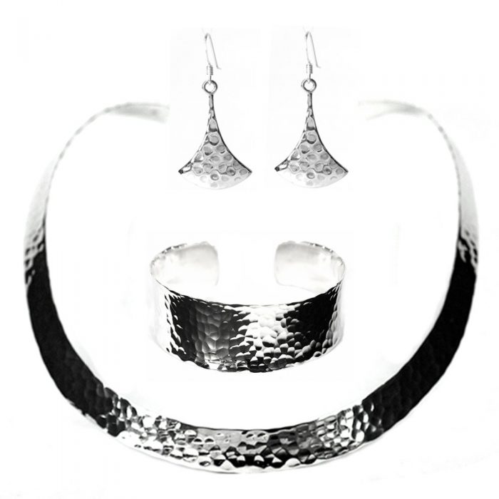 Silver Hammered choker, cuff and earrings