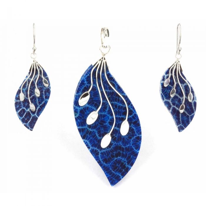 Blue Coral Leaf Pendant & Earrings