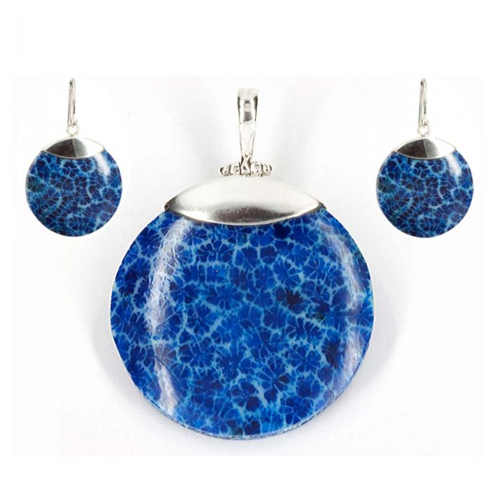 Blue Coral Disk pendant & earrings